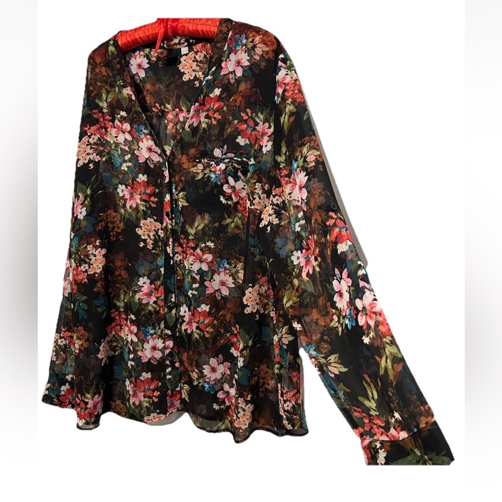Kut From The Kloth Top 2X Black Silky Sheer Floral Print Tab Sleeve Shirt Blouse